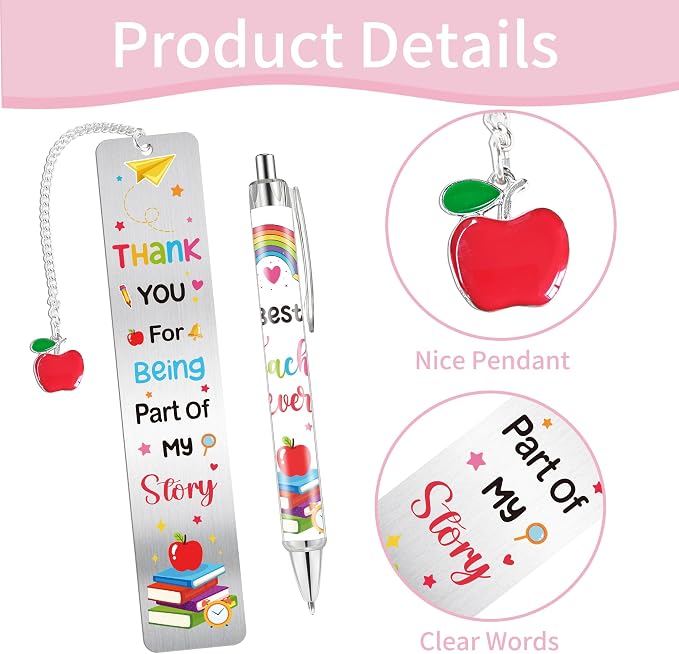 Teacher Bookmark and Pen Gift Set, Thank You Teacher Gifts Metal Book Mark with Charm, Appreciation Christmas Birthday Gifts for Teachers School Office Supplies
