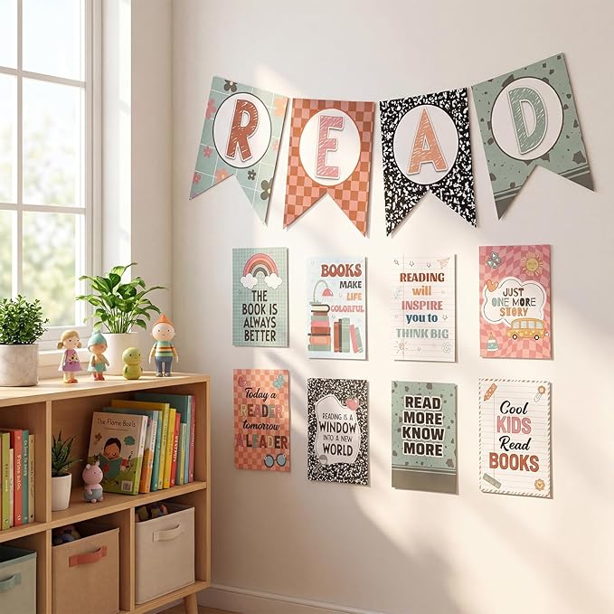 Reading Classroom Decorations Library Posters Bulletin Board Sets for Elementary Classroom Pennants Decor for Back to School Nursery Library Teacher Supplies (Classic Colors)