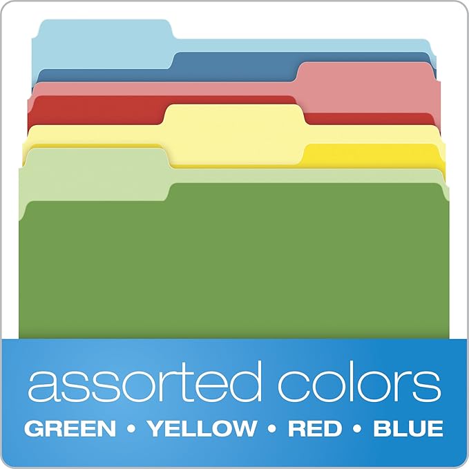 Pendaflex Two-Tone Color File Folders, Letter Size, Assorted Colors (Bright Green, Yellow, Red, Blue), 1/3-Cut Tabs, Assorted (03086), 4-Color (Pack of 360)