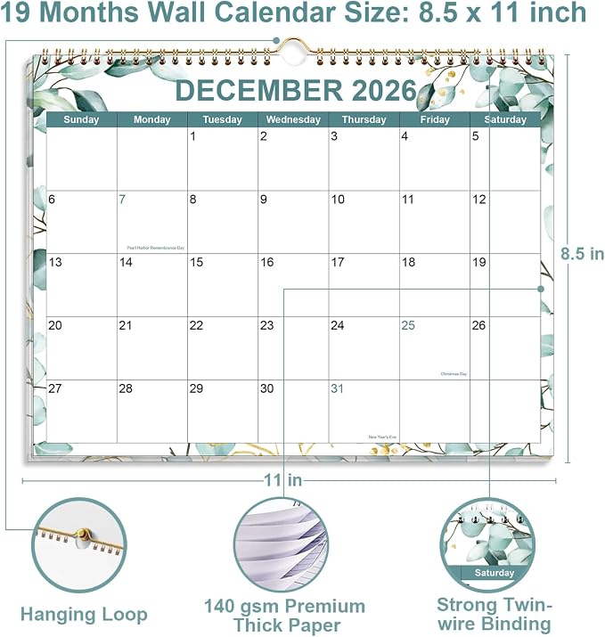 2026-2027 Calendar - Calendar 2026-2027 from June 2026 - December 2027, 19 Months Calendar with Premium Paper, Twin-Wire Binding & Hanging Hook, 8.5" x 11", Leaf