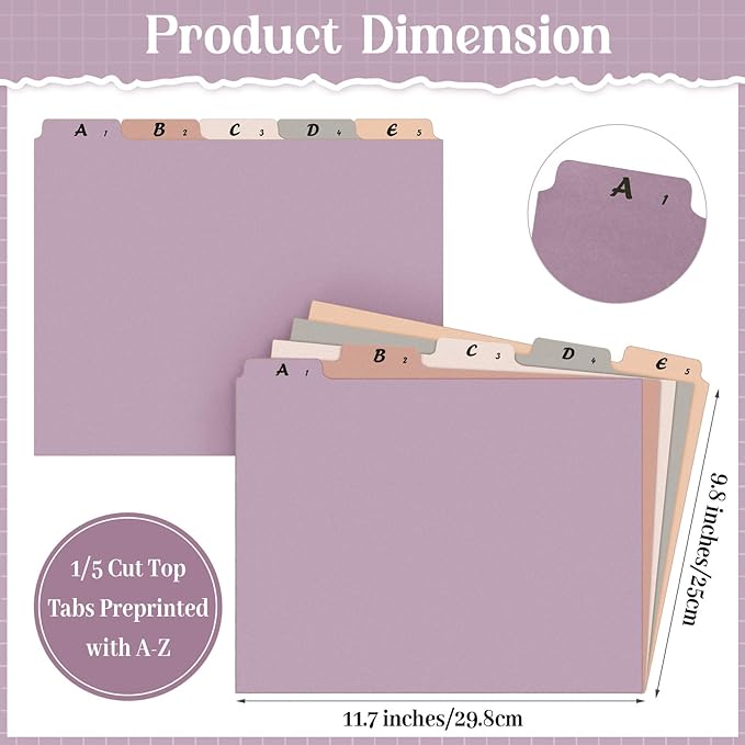 2 Set 50 Pcs Alphabet File Dividers A-z Top Tab Guides Set, Letter Size Filing Organizers 1/5 Cut Alphabetical File Folder Tabs for Home, Office, School(Vintage Colors)