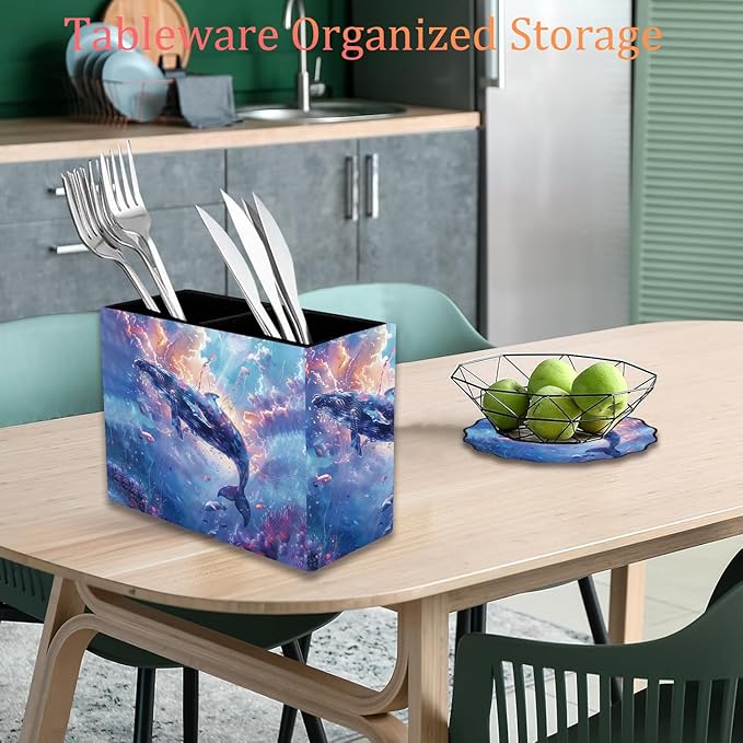 Pen Holder and Anti-Slip Mouse Pad Combination, Makeup Brush Storage Box, Tableware Storage Box, Suitable for Office and Home - Sky Blue Whale