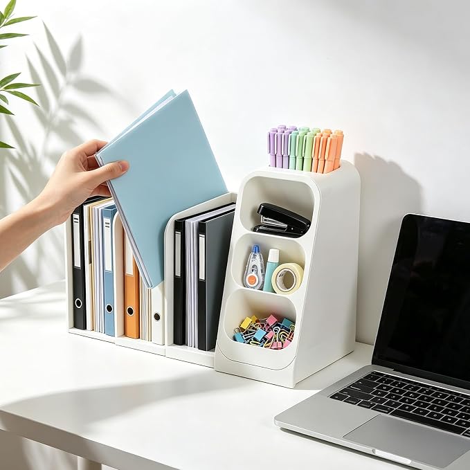 Multifunctional & Retractable Office Desk Organizer and Bookshelf, Small Space Desk Organizer with Magazine File Holder and Pen Holder,Desk Accessories & Workspace Organizers Office Supplies