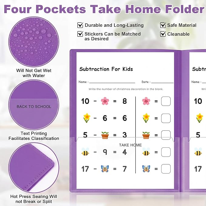 Henoyso 24 Pcs Take Home Folder Heavy Duty 2 Clear Front Pockets and 2 Inside Pockets Homework Folders for School Students Parent Teacher Classroom Communication (Purple)