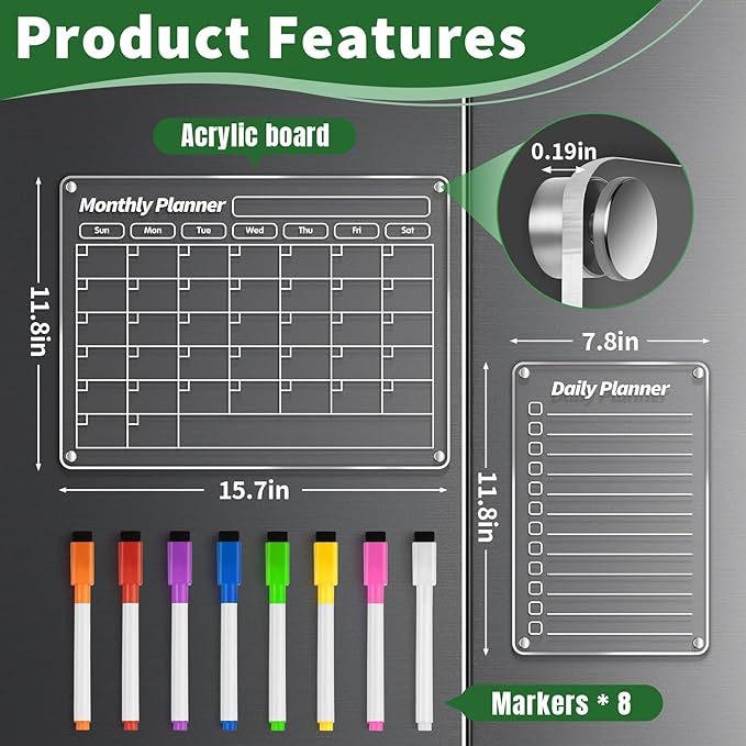 FINDMAG Acrylic Magnetic Dry Erase Board for Fridge, 16"x12" Magnetic Calendar for Refrigerator, Shopping List for Fridge, Clear Notepad Note for Adults with 8 Colors Markers