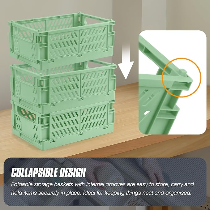 4 Pcs Collapsible Storage Crates, 10x5.9x4 inches Space-Saving Folding Containers, Stackable Plastic Boxes for Home Kitchen Office Bedroom Bathroom, Green