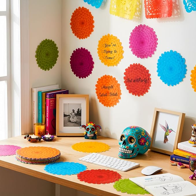 TaoBary 24 Pcs Day of The Dead Decorations Marigold Flower Paper Cutouts 7.09in Dia De Muertos Party Decorations Marigold Flower Bulletin Board Decor for Mexican Halloween Classroom Altar Wall Crafts