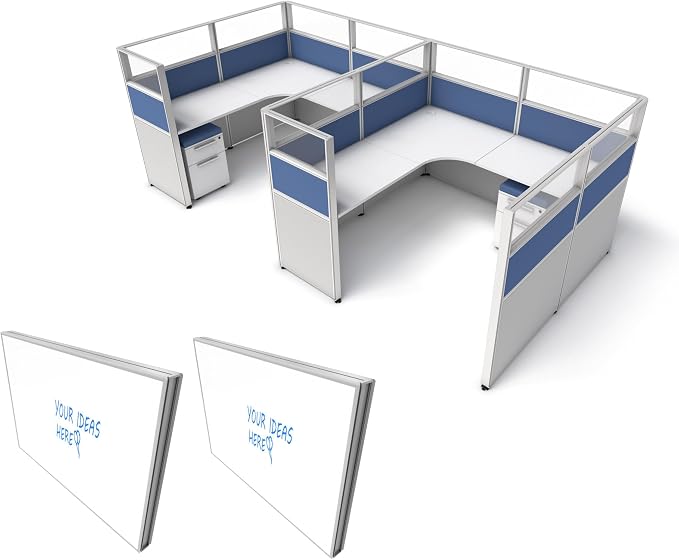 SUNLINE Office Cubicle - Modular Office Cubicle System with 7 Layout Options, Adjustable Panels, Wall Partitions, Drawers and 2 Magnetic Whiteboards, Customizable U and L Shaped Desk - Blue