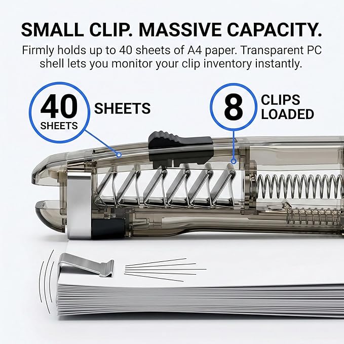 2 Pack Portable Binder Clip Stapler - Damage-Free Paper Clam Clip Dispenser with 200 Reusable Metal Clips, One-Hand Push Fastener Holds 40 Sheets for Office, School & Desk Organization, (White2)