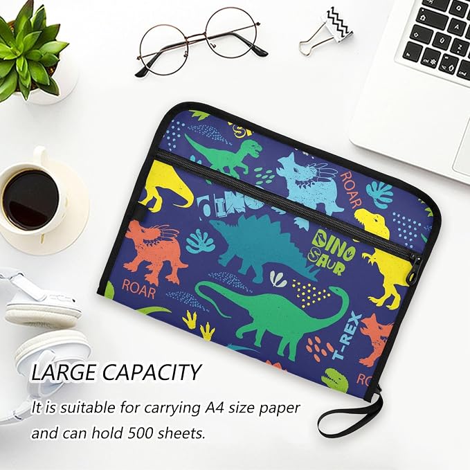 Colorful Dinosaur Grunge Purple File Folders,Plastic Folders with 13 Pockets,Expandable File Folder for Documents School Students Office,Aesthetic Folder with Labels A4 Letter Size