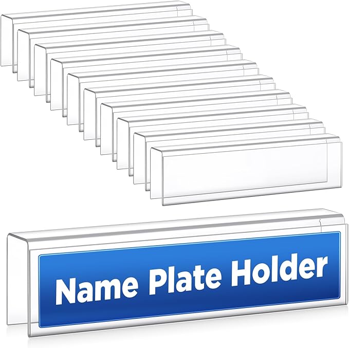 Wonderjune 10 Pack Plastic Cubicle Name Plate Holder 8.5" Wide x 2" High Glass Wall Name Plate Holder Clear Acrylic Sign Display Stand for Home Office Business (Suitable for 1" Cubicle Wall)