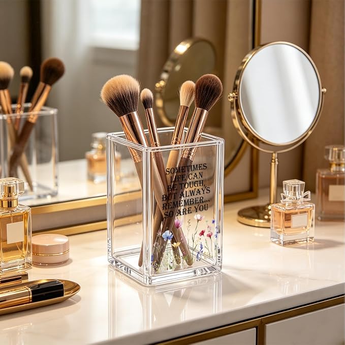Clear Acrylic Makeup Brush Holder & Pen Holder for Desk - Wildflower Aesthetic Pencil Cup with Motivational Quote - Cute Workspace Organizer, Self-Care Desk Accessories, Gift for Her, Girl Boss