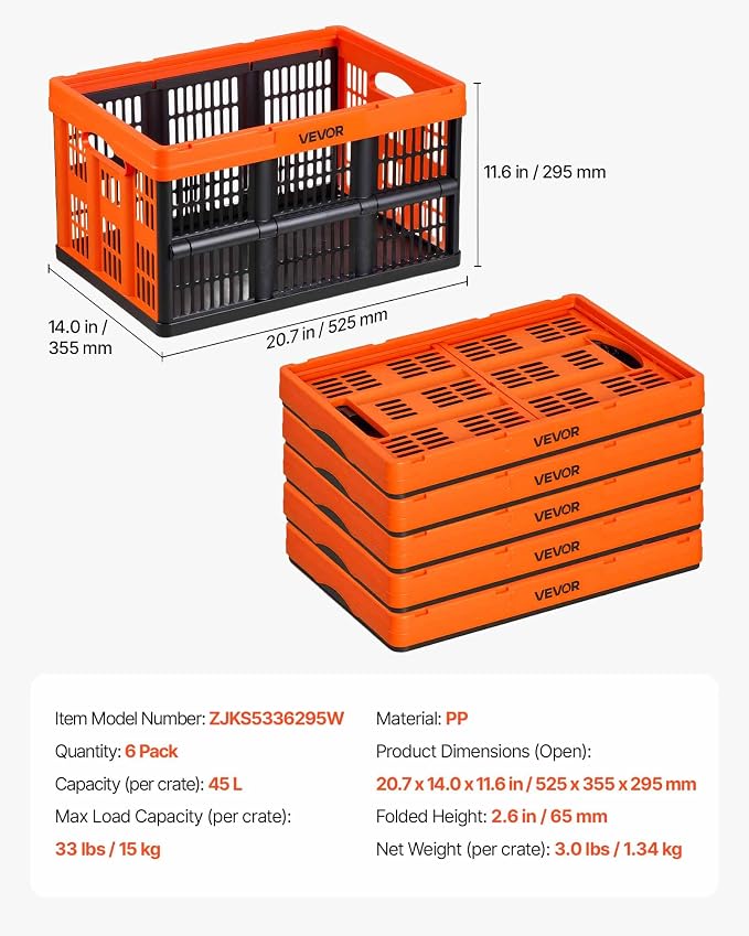 VEVOR Plastic Collapsible Storage Bins, 45L 6 Packs, Stackable Folding Storage Crates with Handles, Holds 33 lbs Per Bin, Foldable Heavy Duty Containers, Space-Saving Baskets, for Home Organizing