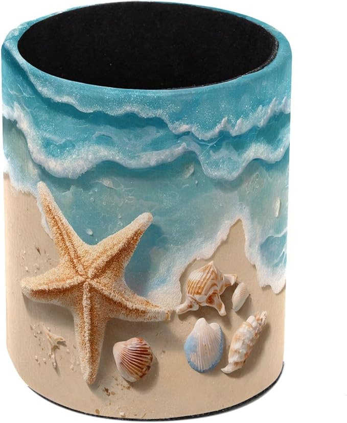 Nautical Beach Starfish and Shell Leather Pen Holder for Desk, Multifunctional Desktop Organizer Pencil Cup, Desktop Caddy Stationery Organizer for School Home Office Desk Accessories