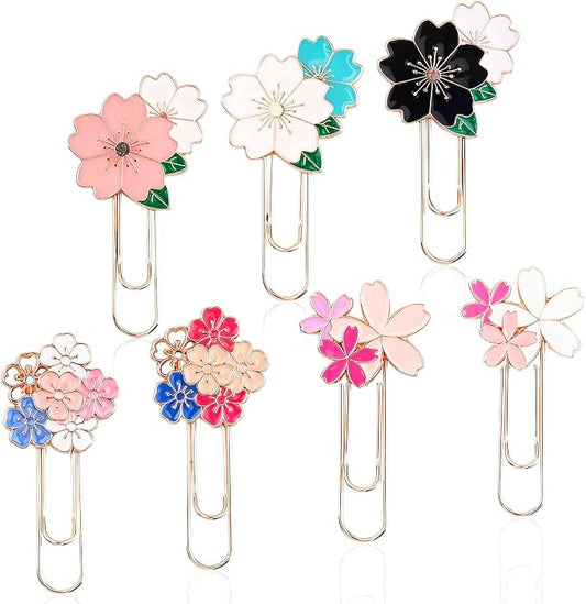 7 Pcs Cherry Blossom Cute Paper Clips, Pretty Book Decorative Paper Clips, Exquisite Rose Gold Metal Paper Clip with Unique Cherry Blossom Patterns for Bookmark Clamp Desk Stationery Accessories