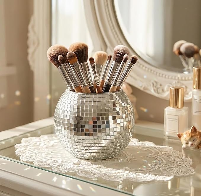 Disco Ball Pencil Holder for Desk - Cute Office Decor & Makeup Brush Organizer, 4.7 Inch Sparkly Glass Pen Cup, Fun Desk Accessories for Women (SILVER)