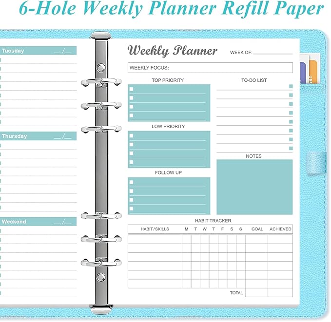 6-Hole Weekly Planner Refills for A5 Binders - 53 Sheets/106 Pages Undated Weekly Planner, 100 gsm White Paper, Lasts 1 Year, Undated, 5.8" x 8.3", Teal