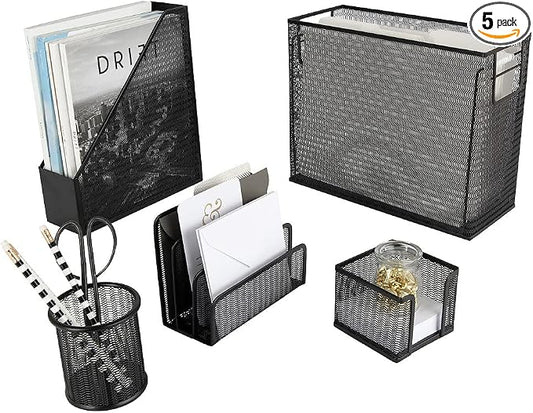 BLU MONACO Black Desk Organizer Set | 5-Piece Metal Office Supplies Collection with Hanging File Organizer, Magazine Holder, Pen Cup, Sticky Note Holder & Letter Sorter | Workspace Organization