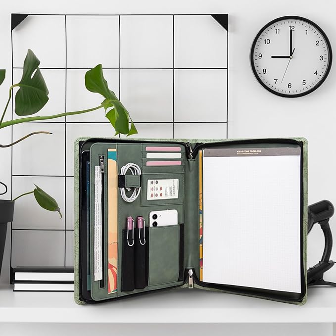 Calfinder Vegan Leather Portfolio with Zipper, Professional Business Padfolio with A4 Writing Pad Holder, Green Christmas Gifts, Resume Folder for Men and Women (Light Green, Customized)
