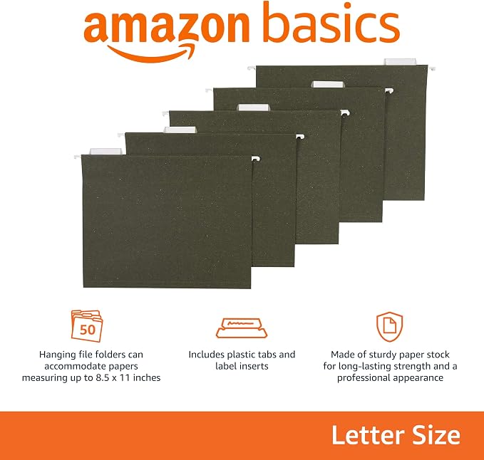 Amazon Basics Hanging File Folders for Documents, Letter Size, 1/5-Cut Adjustable Tabs, Standard Green, 50 Count