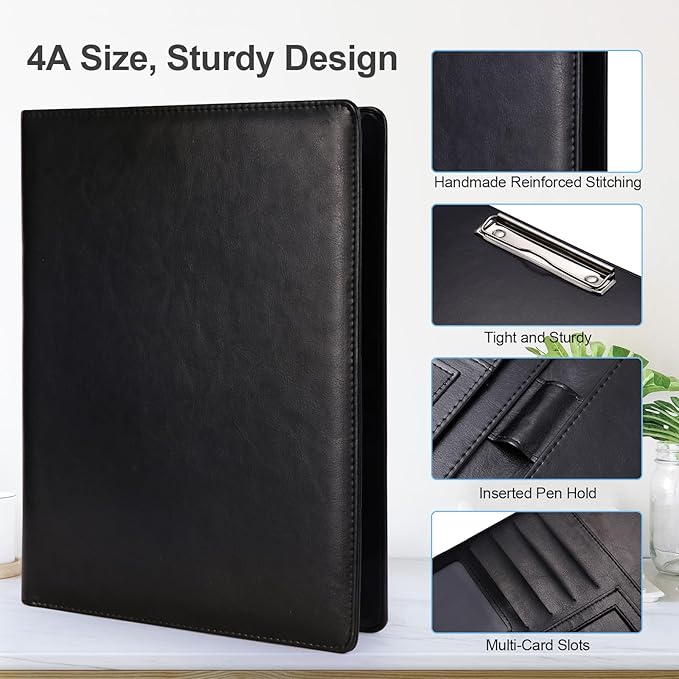 Portfolio Binder, A4 Size Padfolio for Women and Man, Washable Leather Binder, Resume Portfolio Organizer, Black Clipboard Folder Used in Business Meeting, Interview,etc.