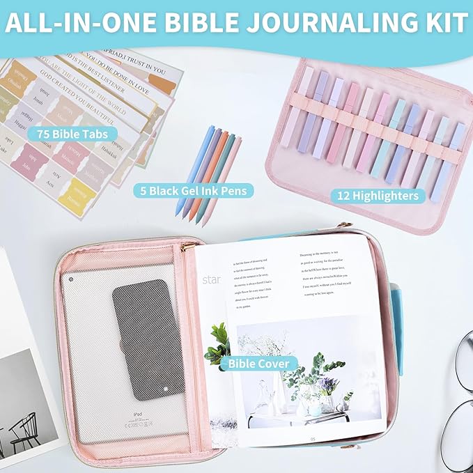 KOPKOFT Bible Cover Case for Women, Large Chenille Letter Leather Bible Case with Bible Study Accessories, Bible Study Supplies Bible Journaling Kit, Christmas Christian Gift for Women Girls (Blue)