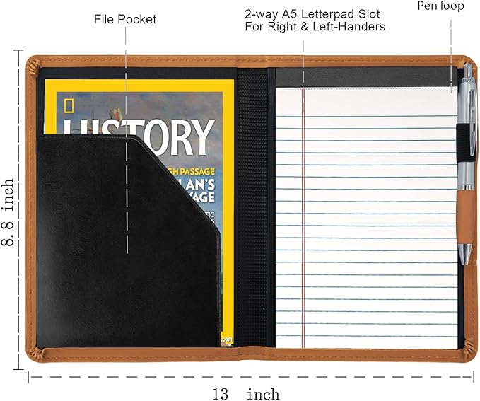 Padfolio/Portfolio Binder, Mini Padfolio Portfolio Binder 5 x 8 Legal Writing Pad, A5 Document Organizer Folder for Men Women, Brown