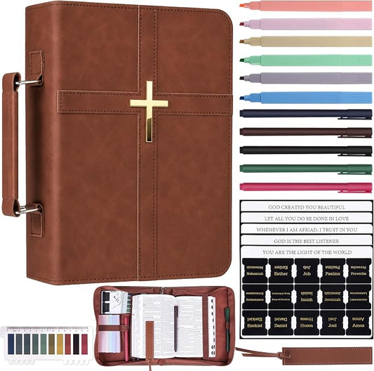 XKDOUS Bible Cover Case Leather Book Carrying Case Large Bible Bag Organizer with Cross, Handle, Pens, Tabs, Study Supplies Journaling Kit Father Day Christian Gifts for Dad, Mom, Men, Women