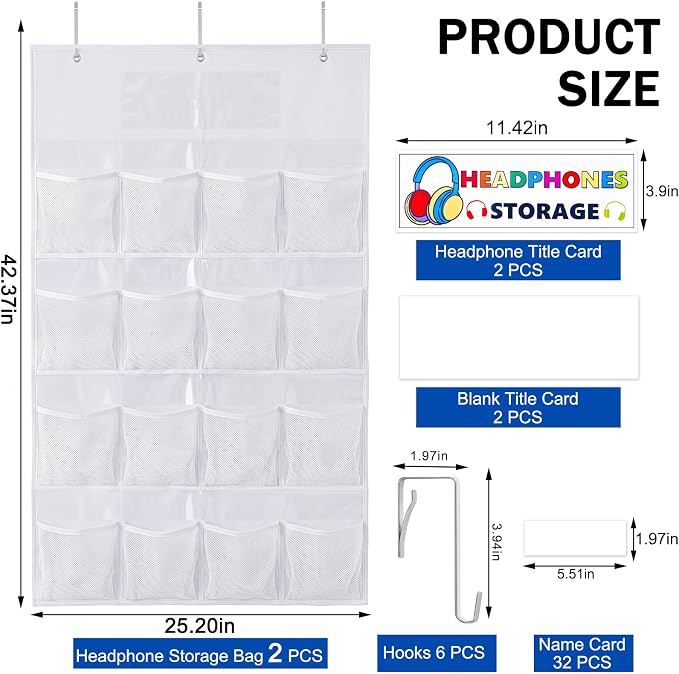 AmazingSpark 2 Pcs Classroom Headphone Storage 32 Pockets Thickened Non-woven Fabric Mesh Pocket Chart Over The Door Hanging Cell Phone Organizer with Signed Card for Back to School Classroom Library