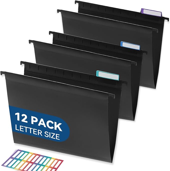 SortRax Plastic Hanging File Folders, Sturdy & Tear-Resistant, Letter Size, 12 Pack with Insertable 1/5-Cut Tabs, Black