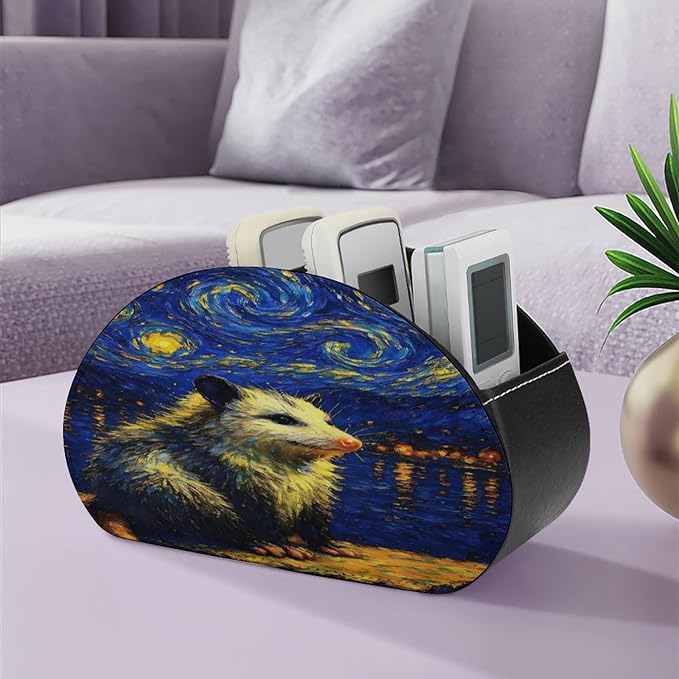 Opossum Starry Night Remote Control Holder with 5 Compartment PU Leather Multi Functional Desk Storage for TV Remotes Office Supplies