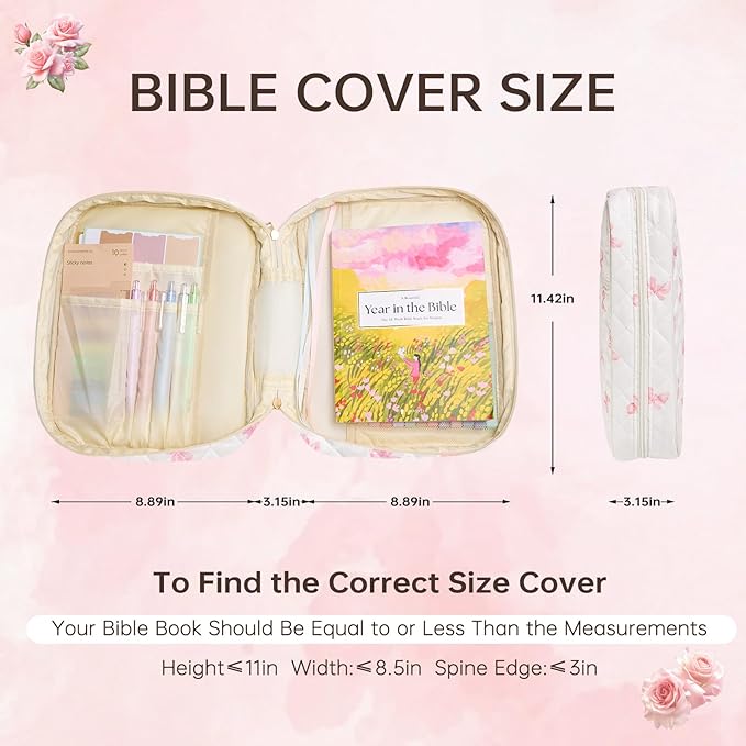 Bible Cover Case for Women Large Bible Cover Bag Quilted Bible Carrying Case for Girls Bible Study Supplies Accessories Christian Gifts for Women (New Pink Bow, Large)