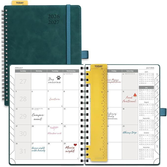 POPRUN 2026-2027 Monthly Planner, 6.5" x 8.5", 18 Month Calendar (July 2026 to December 2027) with Expense Tracker, Notes Pages, Sprial Bound, Leather Softcover - Petrol Green