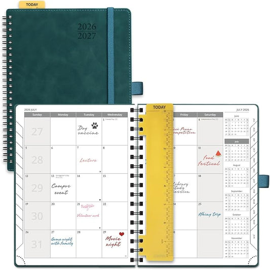 POPRUN 2026-2027 Monthly Planner, 6.5" x 8.5", 18 Month Calendar (July 2026 to December 2027) with Expense Tracker, Notes Pages, Sprial Bound, Leather Softcover - Petrol Green
