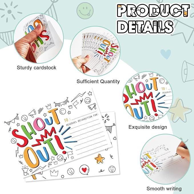 60Pcs Doodle Shout Out Cards for Employees Office Staff Teachers Students Coworkers Positive Appreciation and Recognition Reward Cards Encouragement Card for School or Work Bulletin Boards 6x4 in