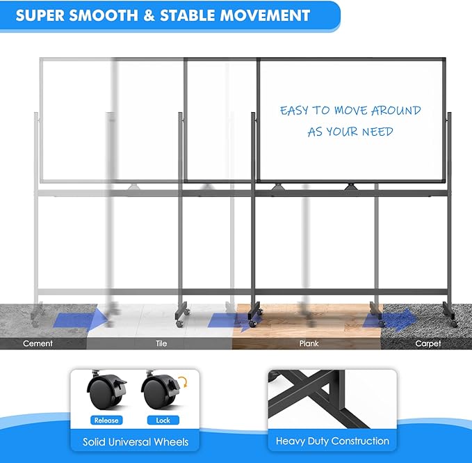 Rolling Dry Erase Board 48 x 32, maxtek Double-Sided Mobile White Board, Large Portable Magnetic Whiteboard with Stand - Easel Style Whiteboard with Wheels for Home Office Classroom School, Black