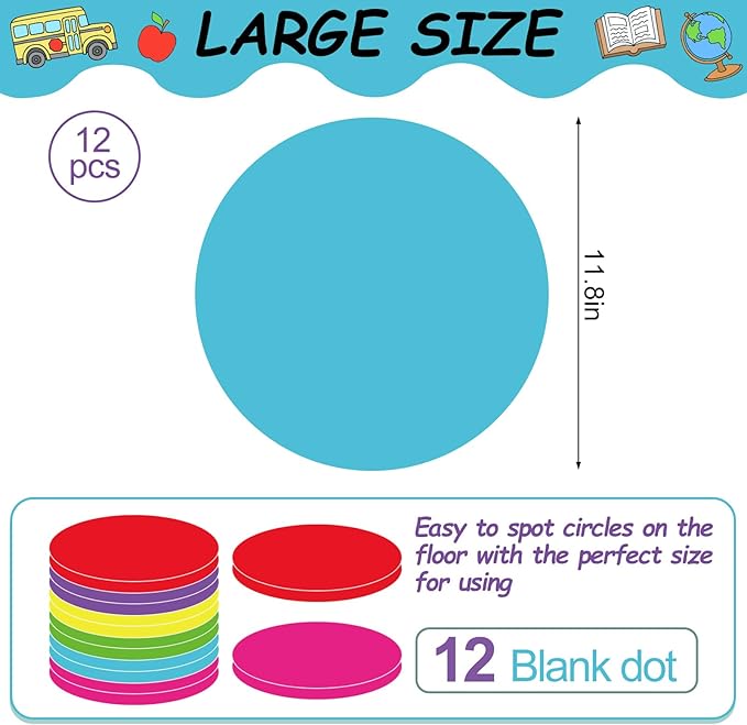 JarThenaAMCS 12PCS 12'' Colorful Large Dry Erase Dots Circles Spots Decals Rainbow Waterproof Removable Marker Stickers for Back to School Classroom Wall Whiteboard Teachers Teaching Students Supplies