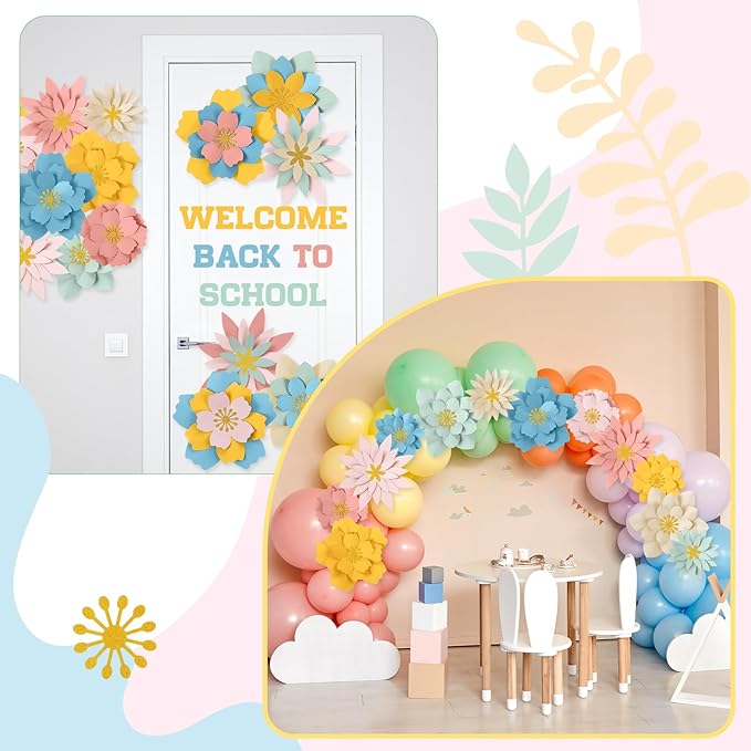 MotiMind 12 Pcs Paper Flowers Decorations for Wall DIY Paper Flowers Bulletin Board 3D Handcrafted Backdrop Decoration for Classroom Back to School Party(Morandi Color)