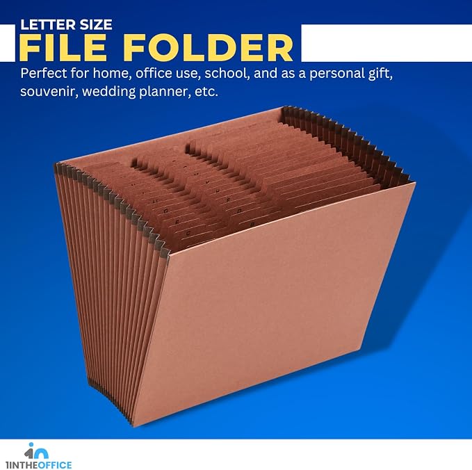 1InTheOffice Expandable Files Folders, Accordion File Folder Letter Size, Alphabetical File Organizer, 21-Pocket, A-Z Index, Brown