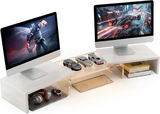 Dual Monitor Riser, Acrylic Monitor Riser with Keyboard Storage, Adjustable Angle & Length Computer Monitor Stand, Wide Desk Shelf for Top of Desk for Home Office_White Maple Look