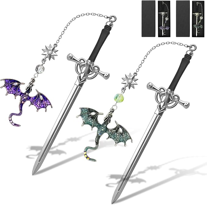 Fourth Wing Dragon Bookmarks,Fantasy Sword Bookmark,Metal Book Markers with Dragon Pendant, Cool Gifts for Men Boys Readers, Perfect Birthday Graduation Presents for Book Lovers (Green&Purple)