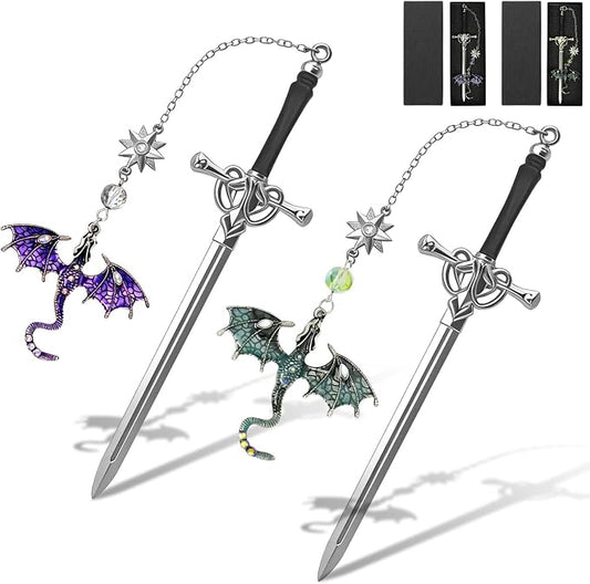 Fourth Wing Dragon Bookmarks,Fantasy Sword Bookmark,Metal Book Markers with Dragon Pendant, Cool Gifts for Men Boys Readers, Perfect Birthday Graduation Presents for Book Lovers (Green&Purple)