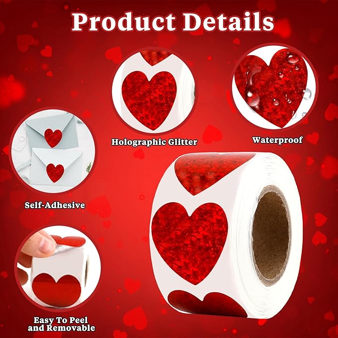 Heart Stickers, 1000Pcs Glitter Red Heart Stickers, 1" Shiny Self Adhesive Foil Red Love Decorative Labels for Valentine's Day, Wedding, Anniversaries, Mother's Day, Award Classroom Supplies