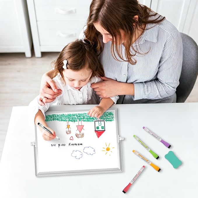 Dry Erase White Board, WALGLASS 16" x 12" Small Desktop Whiteboard with Stand, Double-Sided Magnetic Whiteboard, Portable Dry Erase Board for Kids Drawing, Study, Home, Office, School