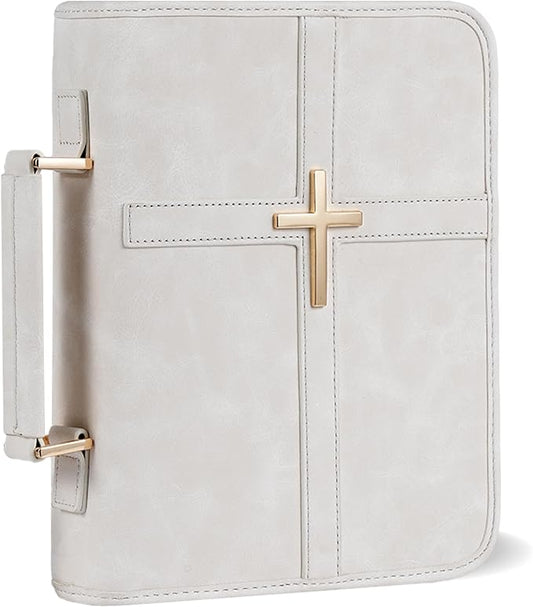Vegan Leather Bible Cover for Men & Women, Bible Case with Gift Box, Christian Catholic Religious Bible Gifts (White)