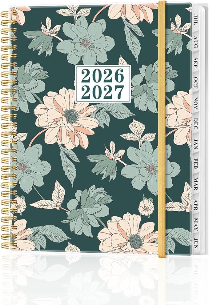 Planner 2026-2027 - Academic Planner from July 2026 to June 2027, Weekly & Monthly Planners Spiral Bound with 12-Month Tabs, Inner Pocket, 8.5" x 11", Green Flower