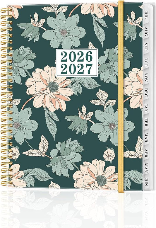 Planner 2026-2027 - Academic Planner from July 2026 to June 2027, Weekly & Monthly Planners Spiral Bound with 12-Month Tabs, Inner Pocket, 8.5" x 11", Green Flower