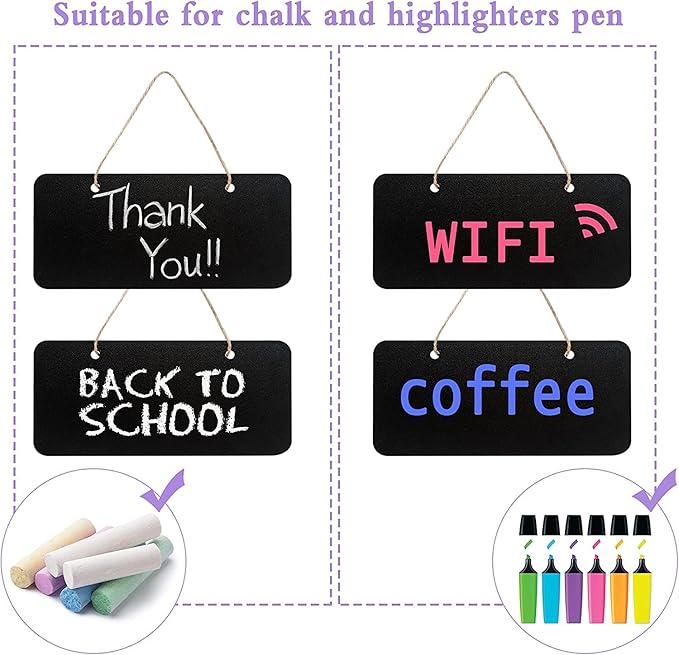 12 Rectangular Chalkboard Signs, Hanging Signs for Office, Welcome & Message Boards, 7x3 Inch Blanks