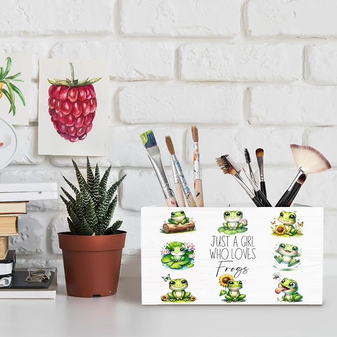 Cute Floral Frog Pen Holder for Desk, Gifts for Frog Lovers Pencil Organizer, Just a Girl Who Loves Frogs Wooden Box Sign Desk Decor for Home Office Decoration