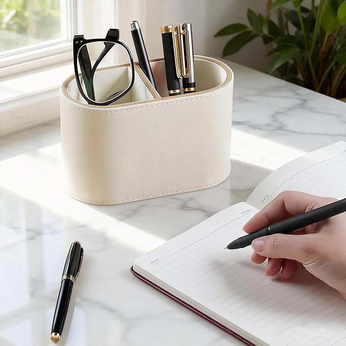 PU Leather Pen Holder with Two Compartments for Office White Pen Holder for Desk Decoration Multifunctional Pencil Organizer for Office Teacher Classroom Cosmetics Gifts Accessories Favor